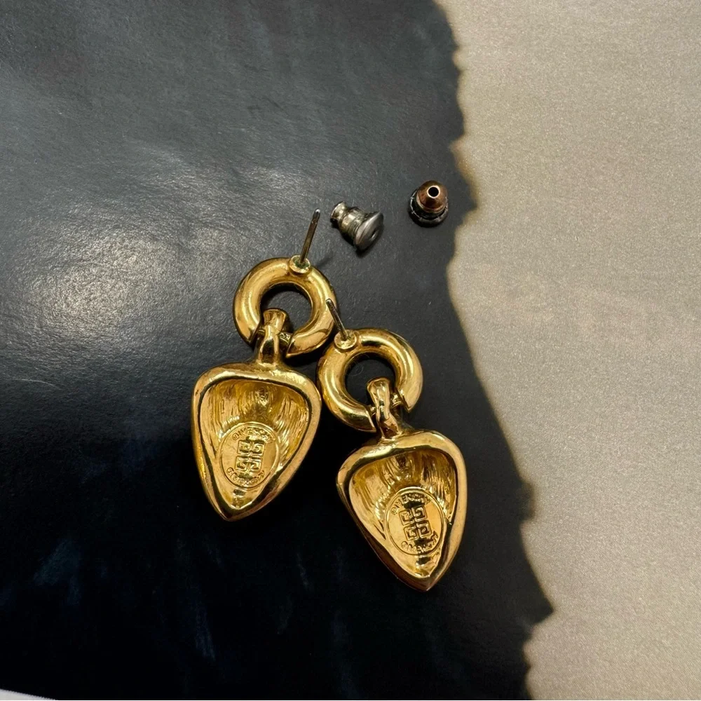 Vintage Givenchy Heart Drop Earrings Gold Tone Cream Enamel Signed